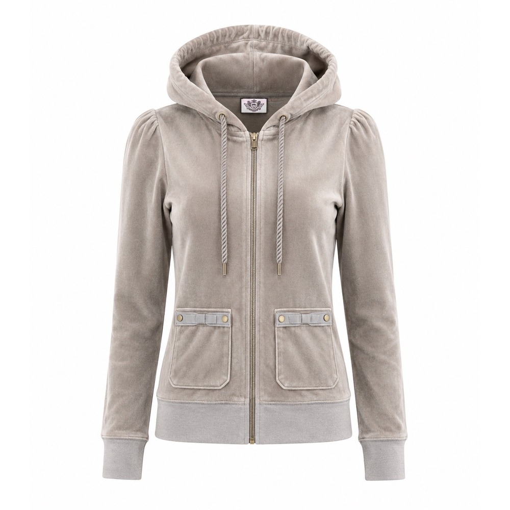 Juicy Couture Velour Zip‎ Up Hoodie Large Taupe Puff track jacket jogger retro